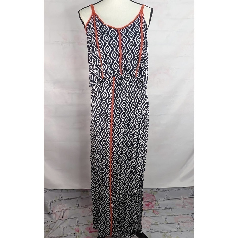 CATO Bohemian White Black Geometric Prints Maxi Dress Medium Coastal‎ Beachy